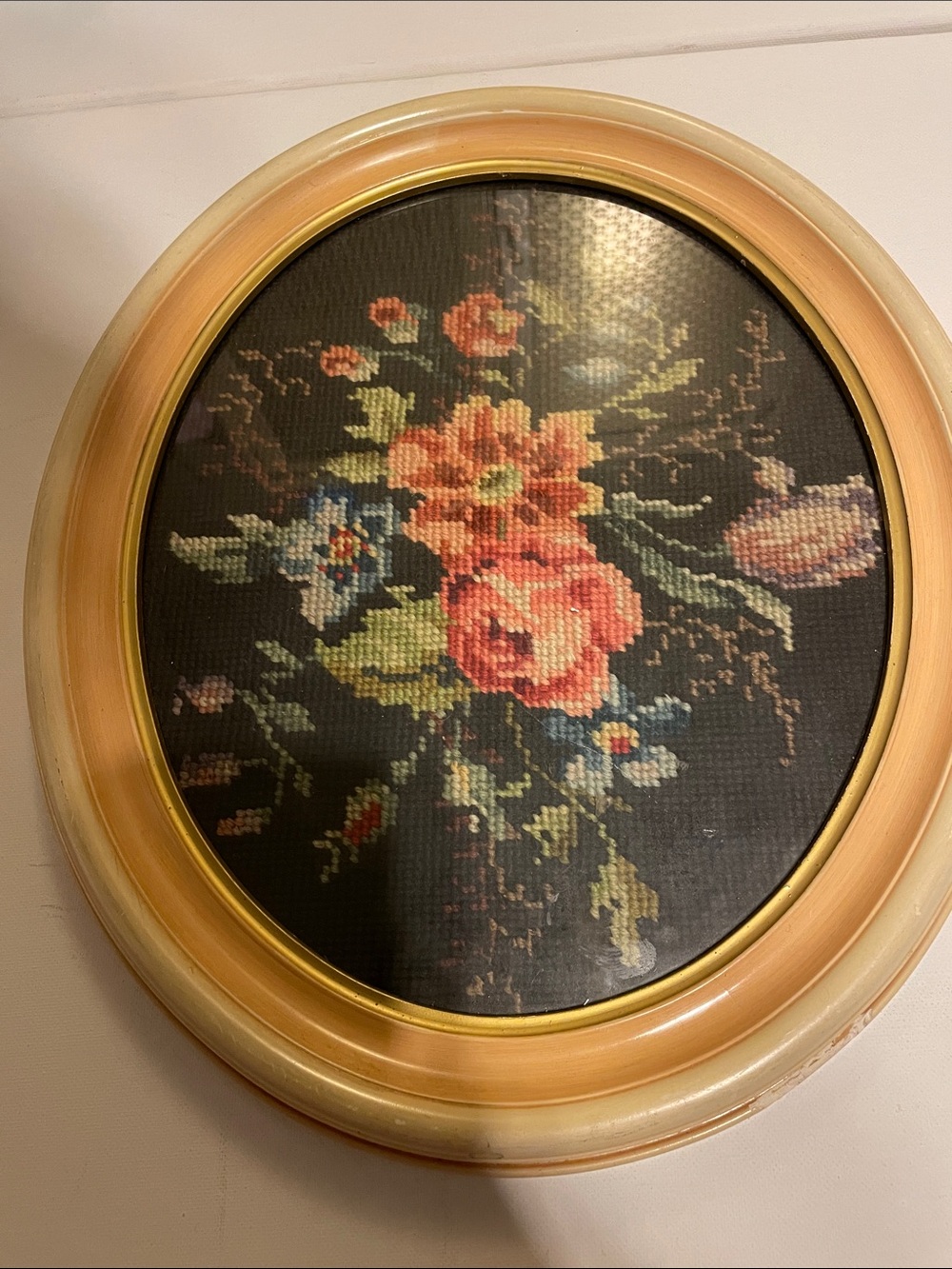 Framed Floral Needlepoint Art - Peach & Blue Bouquet